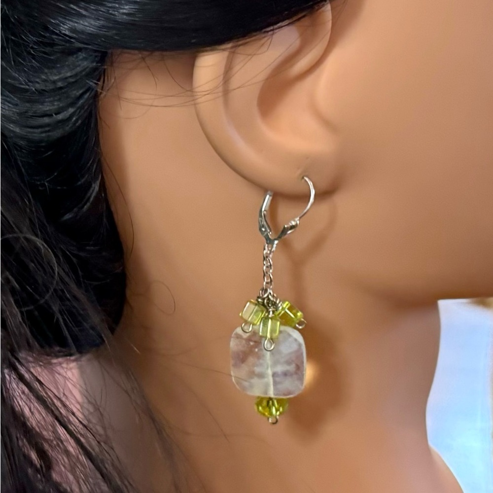 Sterling Silver cloudy & translucent green pierced earrings jewelry
